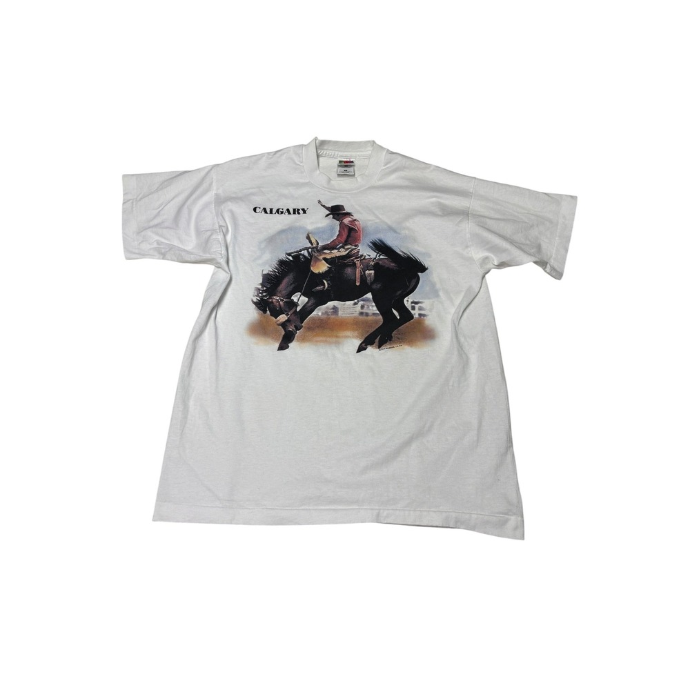 Vintage Fruit the Loom Best Calgary Cowboy Bronco Graphic T-Shirt White